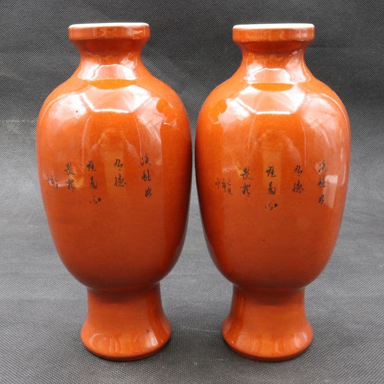 紅釉蒔絵花鳥観音瓶一対 景徳鎮 陶磁器 装飾品 現代工芸品美術品 置物