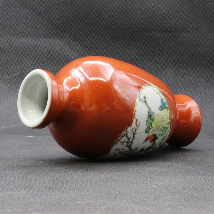 紅釉蒔絵花鳥観音瓶一対 景徳鎮 陶磁器 装飾品 現代工芸品美術品 置物