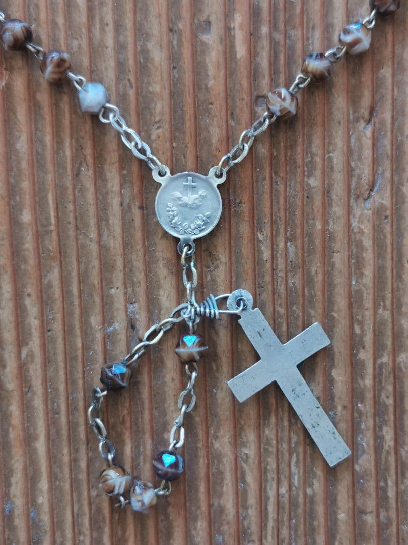 アンティーク ベルギーイタリア ブラウンマーブルガラス マリアとイエスのロザリオ