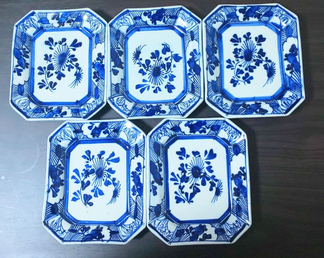 古伊万里 青い花柄 八角陶磁器　中皿5枚セット