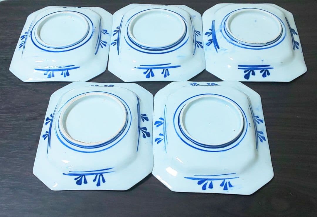 古伊万里 青い花柄 八角陶磁器　中皿5枚セット