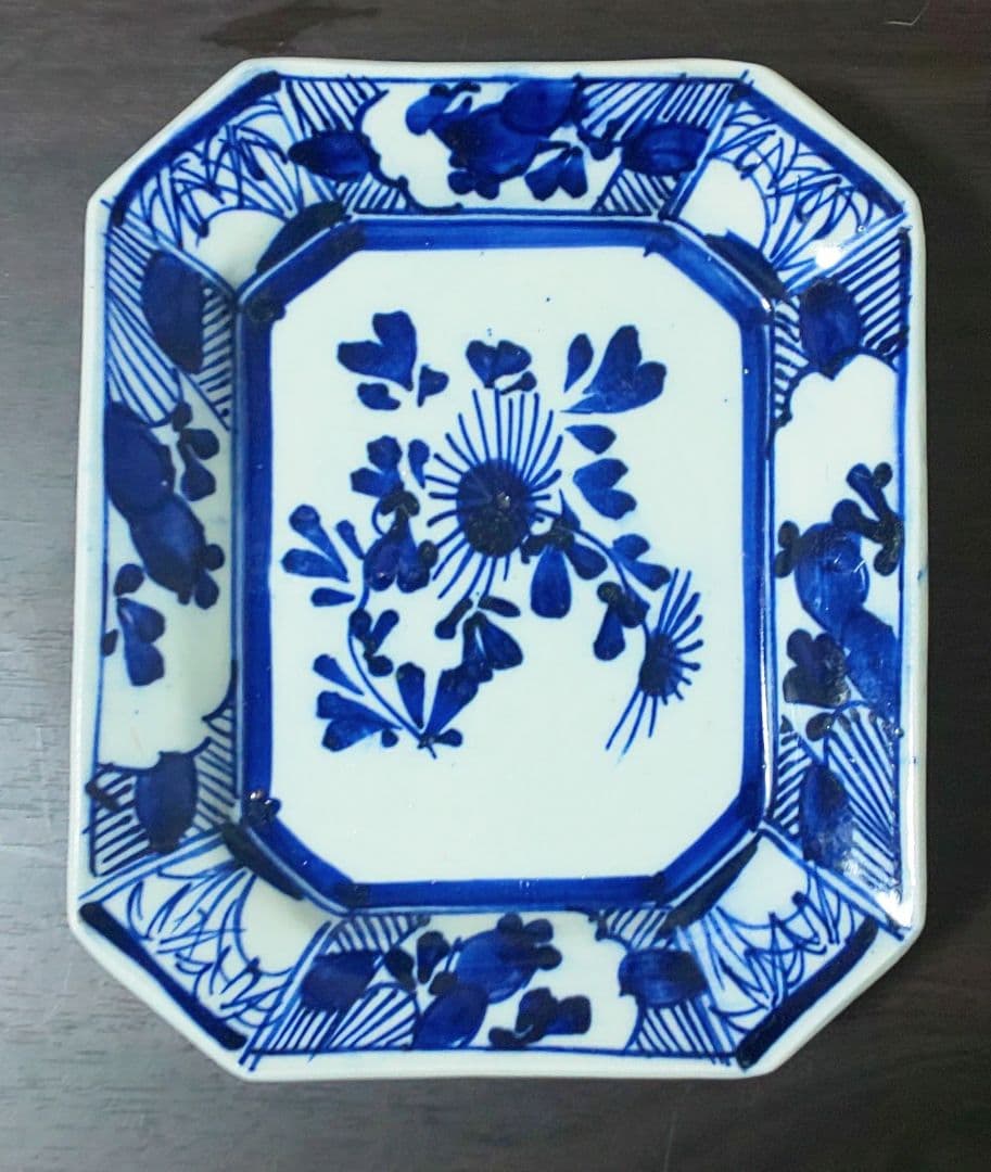 古伊万里 青い花柄 八角陶磁器　中皿5枚セット