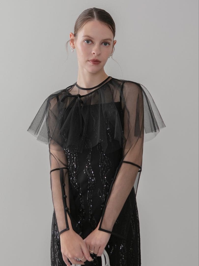 シアーケープスパンコールIラインワンピースドレス結婚式二次会成人式パーティー