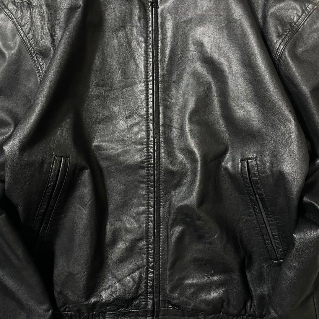 90s ノーカラー ショート丈 本革 リアルレザー ボンバー ブルゾンジャケット