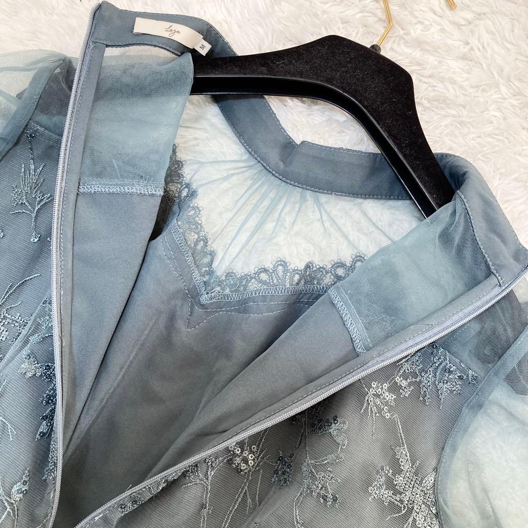 レジャ 花柄レーススパンコールハートカットドレス ロングワンピース M ブルー