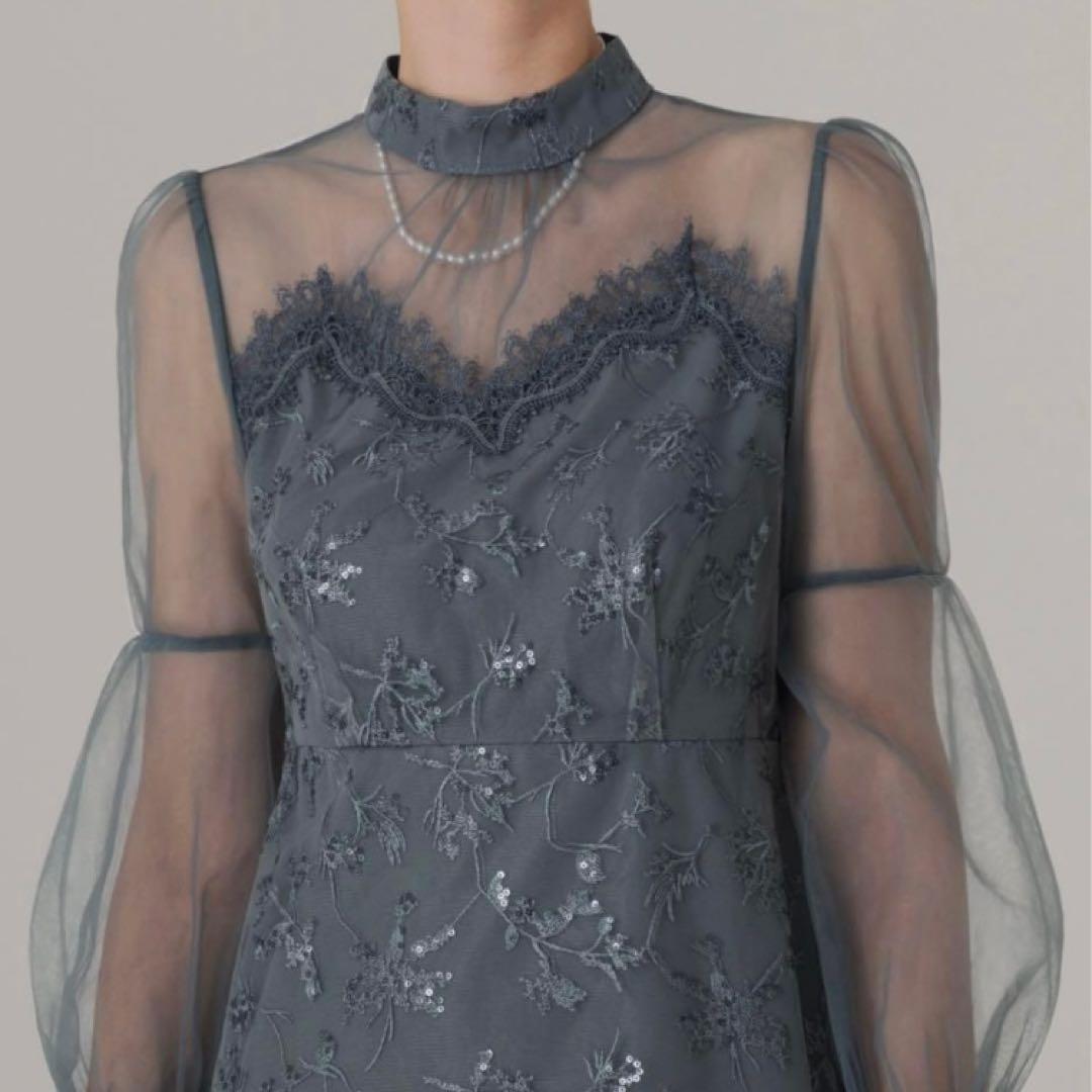 レジャ 花柄レーススパンコールハートカットドレス ロングワンピース M ブルー