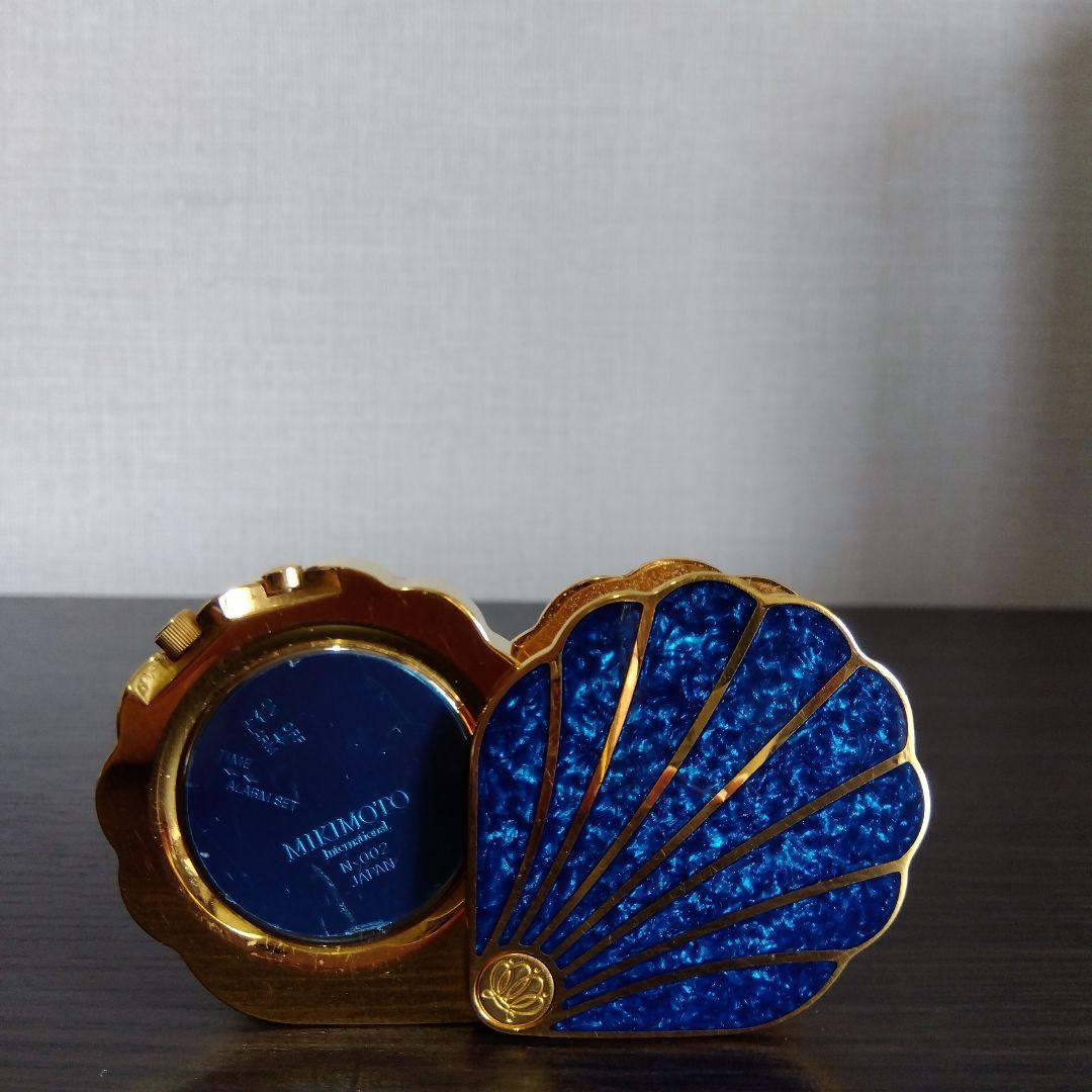ミキモト　シェル型 時計 クリスタルラッカー 青 トラベルクロック パール