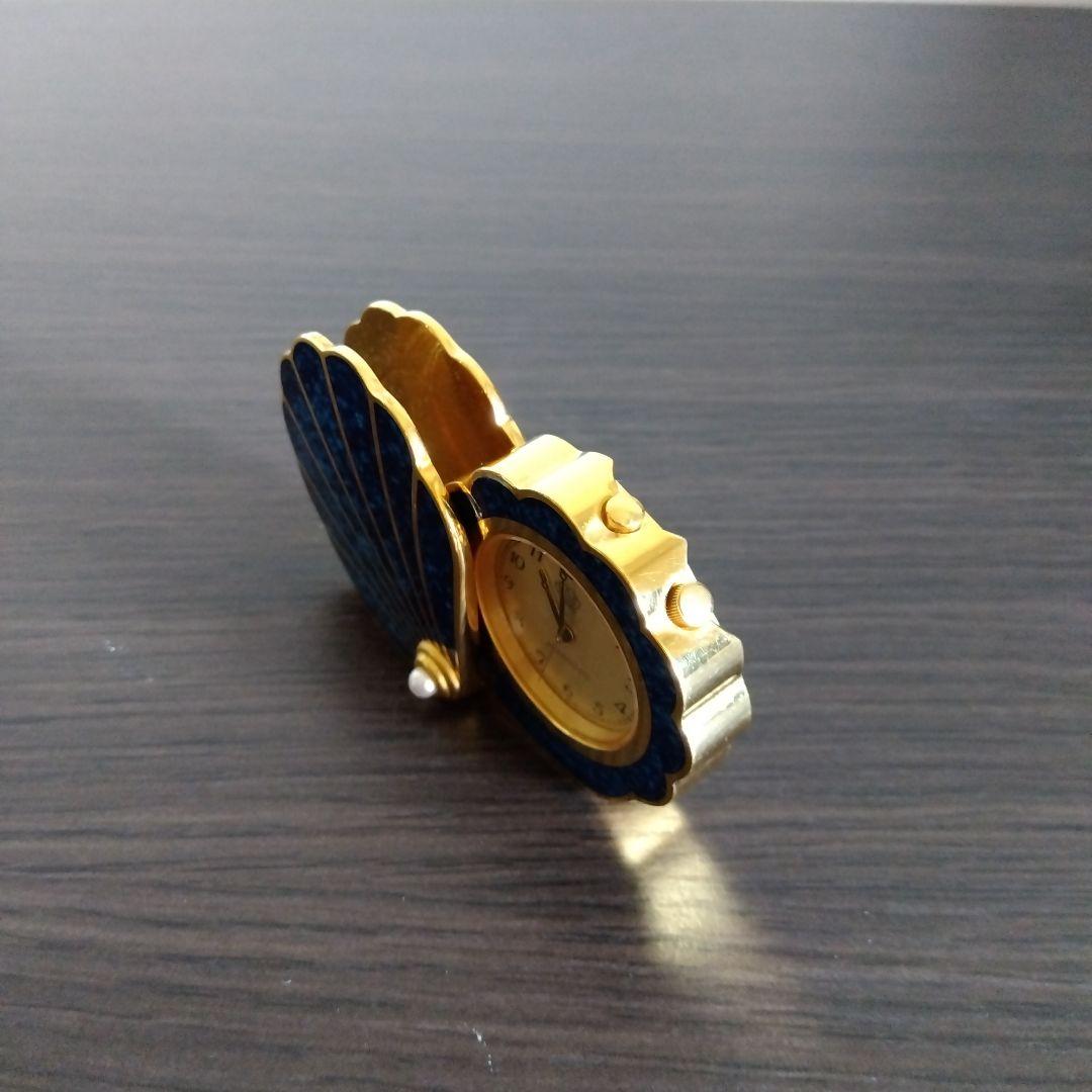 ミキモト　シェル型 時計 クリスタルラッカー 青 トラベルクロック パール