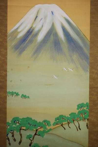 真作/舜年/富士に舞鶴図/布袋屋掛軸HC-55