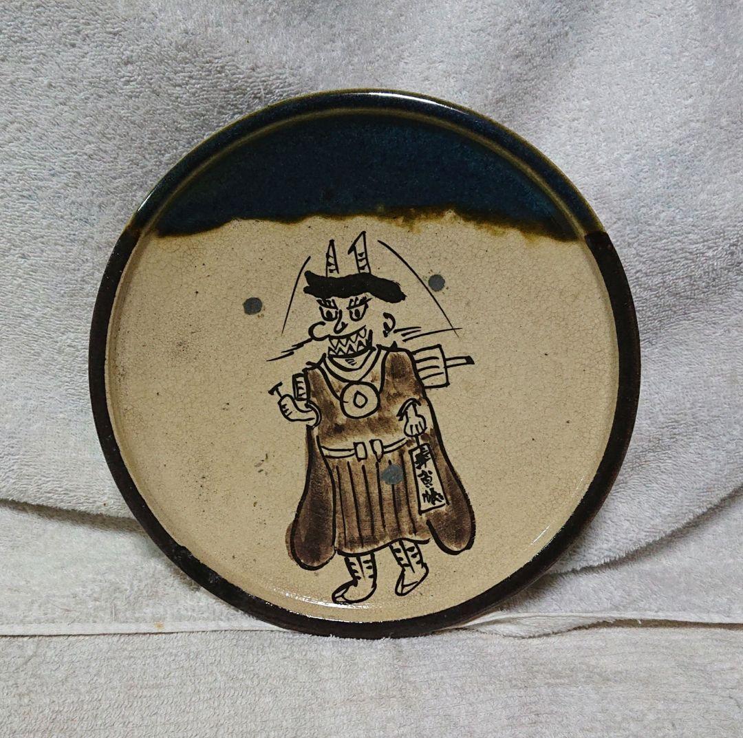 行灯皿陶器製 手描きキャラクター皿T169