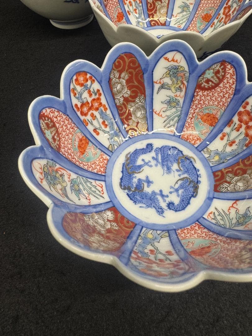 値下げ！希有 明治の有田焼　年木庵江上製　色絵12弁の菊形輪花向付　骨董