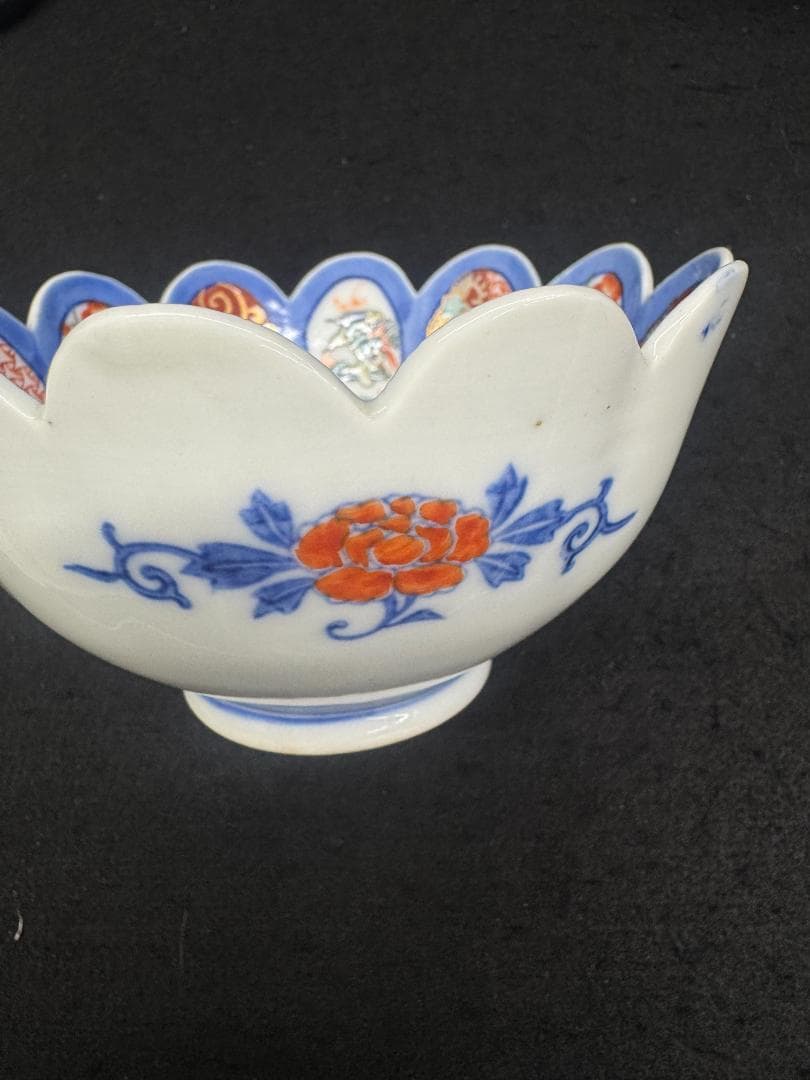 値下げ！希有 明治の有田焼　年木庵江上製　色絵12弁の菊形輪花向付　骨董