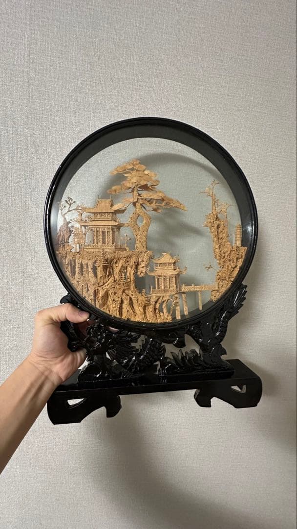 木製風景彫刻 置物 直径約30cm