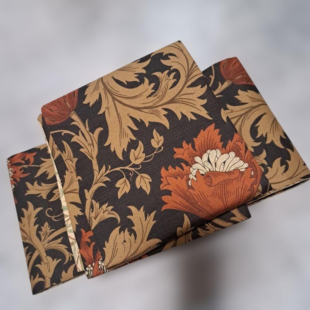 半幅帯　長尺　ウィリアムモリス　アネモネ　赤茶　×ウィローボゥ　リバーシブル