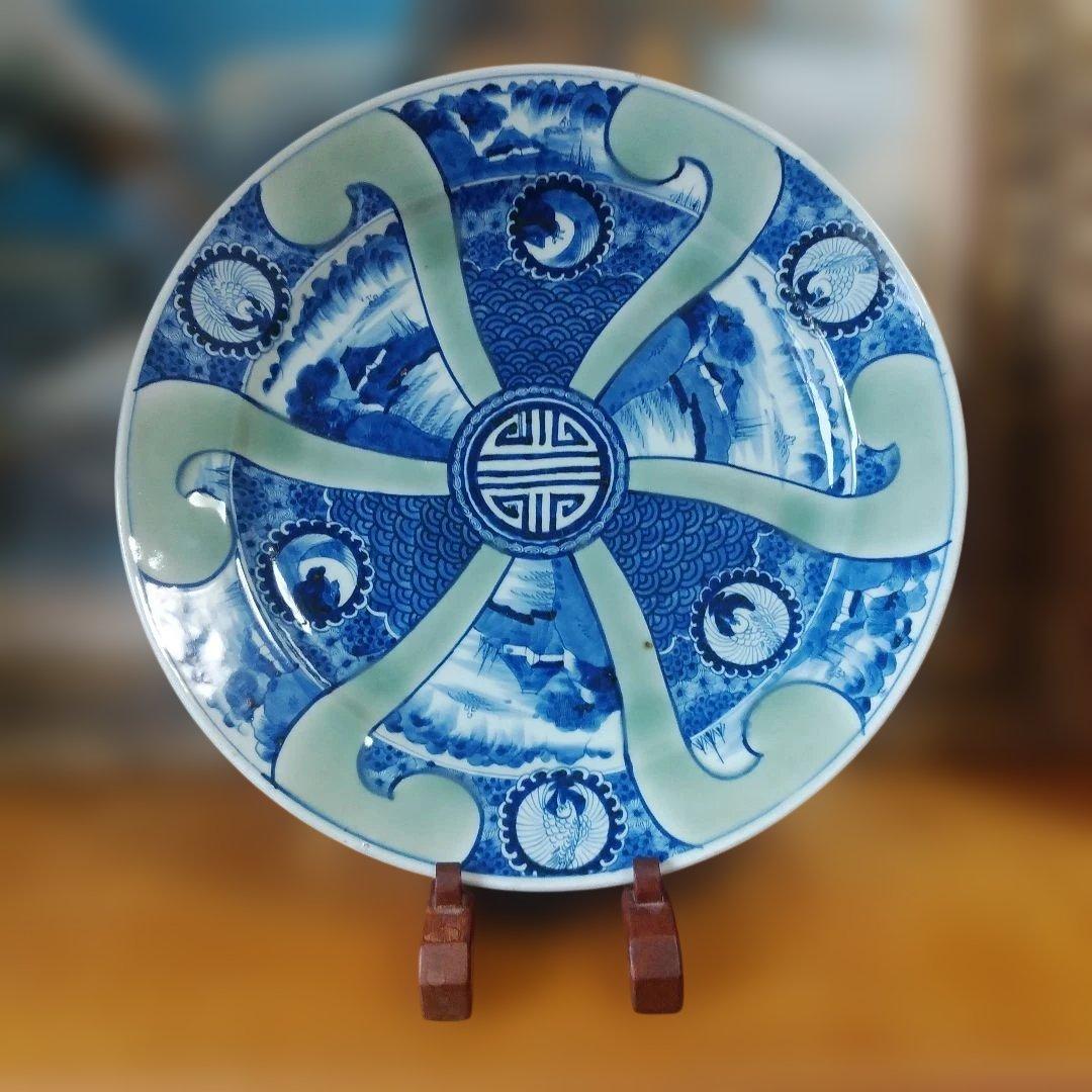 希少　珍品　 古伊万里 有田官窯　青磁染付大皿　特大皿　口径約44cm　有田焼