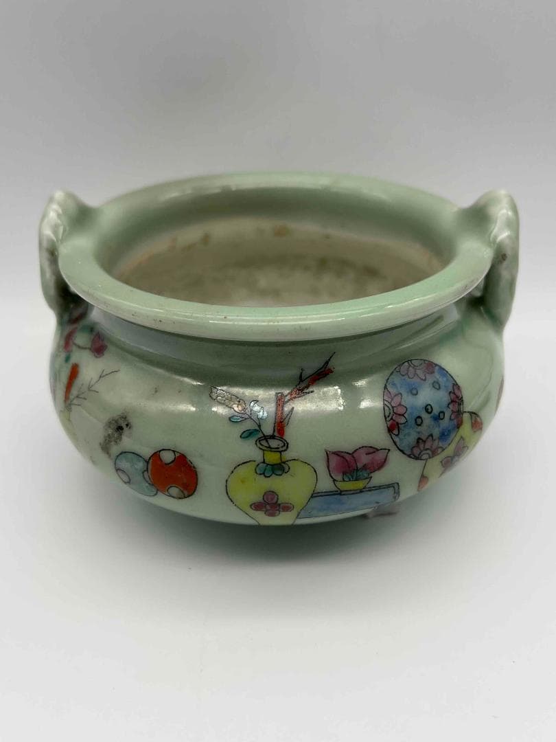 清光緒時代 豆青釉皮球花双系耳三足香炉　【旧家蔵出し】　精密繊細(E-54)