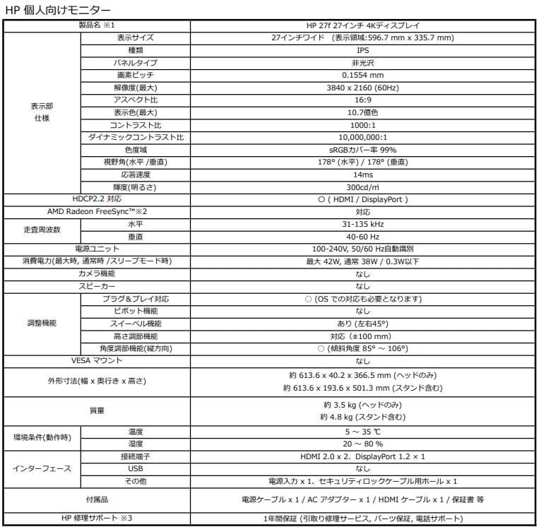HP 27f 4k モニター本体