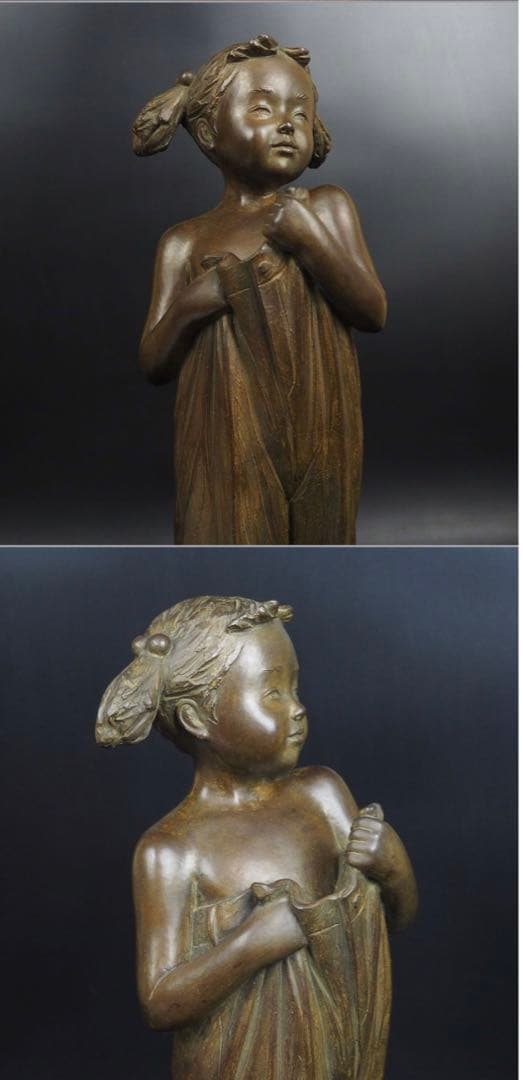 送料無料人気彫刻家加藤豊作愛らしいブロンズ彫刻少女像限定品：10/10 大理石台