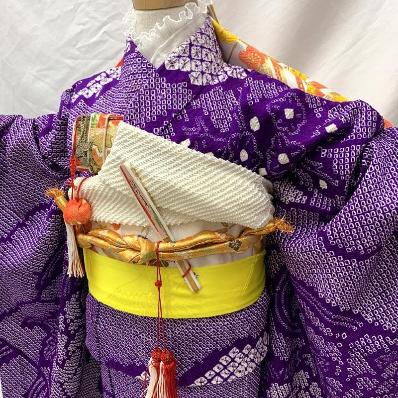 506ag40□七五三 七歳 女児 着物&袋帯 総絞り 金駒刺繍 紫□良好