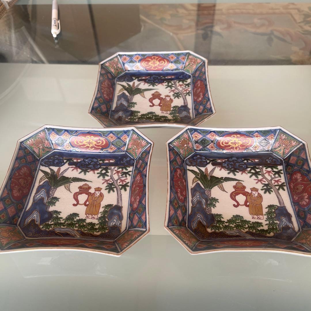 江戸時代　古伊万里　四角皿　金襴手 3客