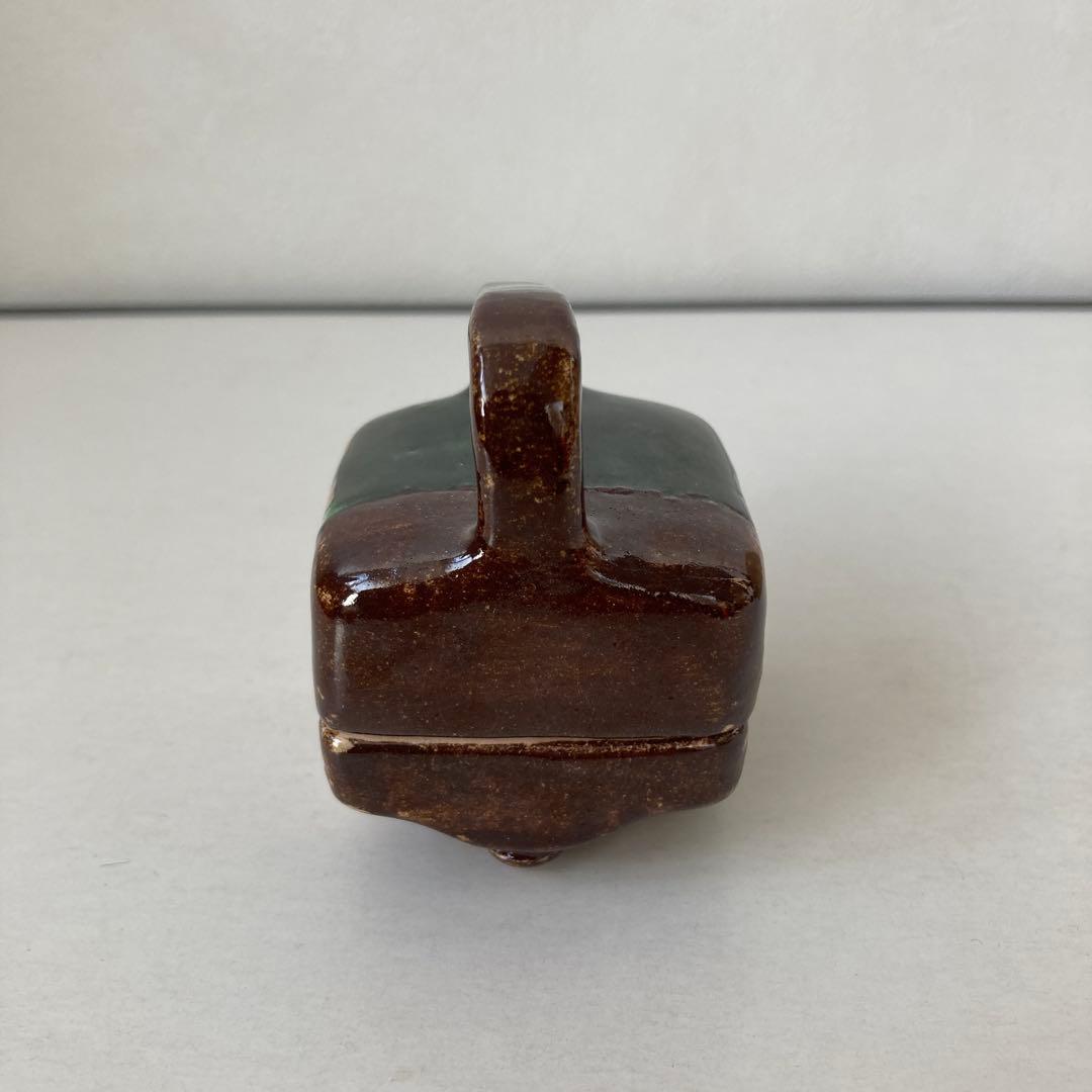 織部　四方香合　手付き　政所窯　明道　共箱　共裂