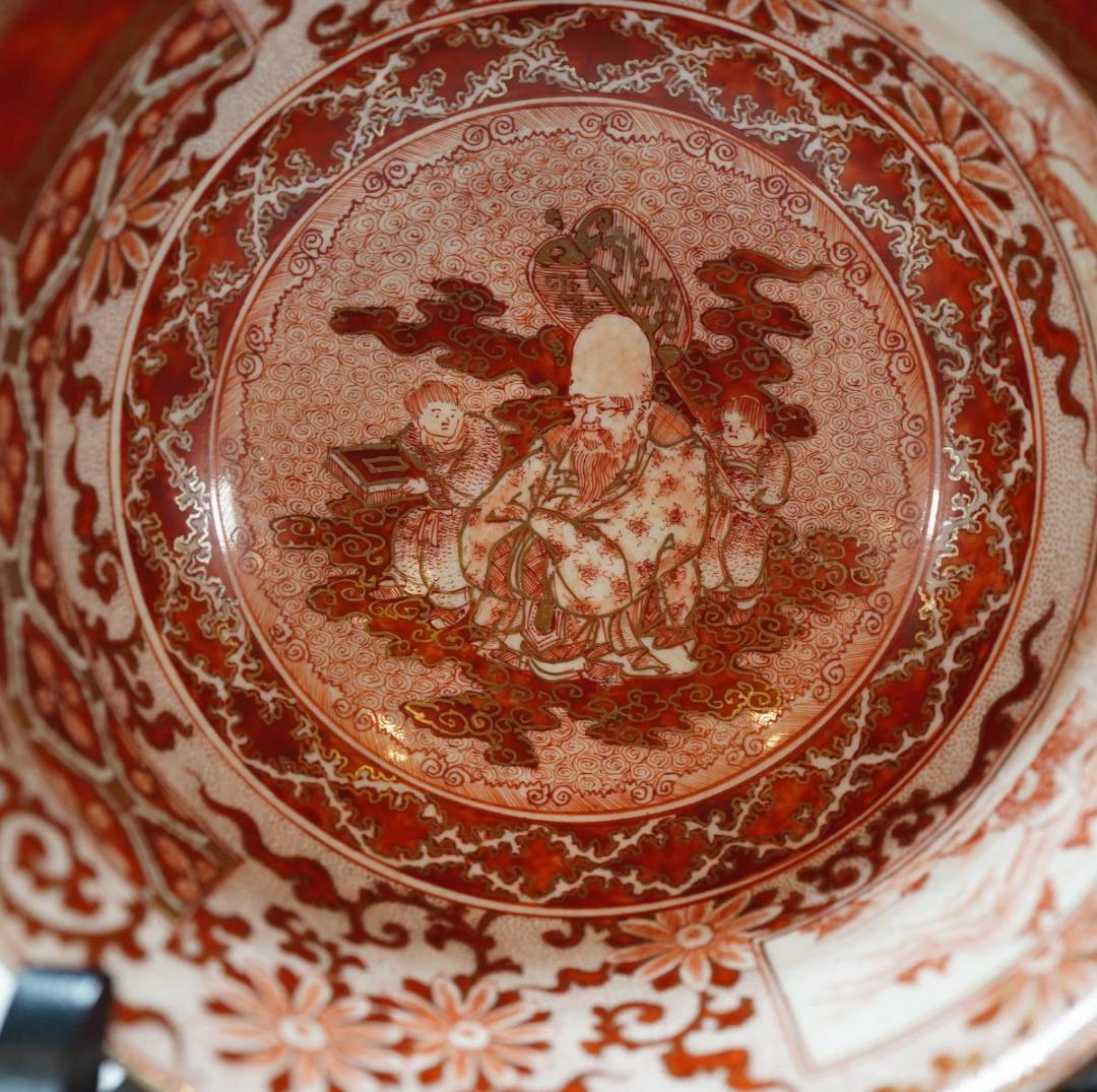 NA3424 九谷焼 加賀赤絵 丼 鉢 金彩 赤絵 共箱 名工 風景 花瓶