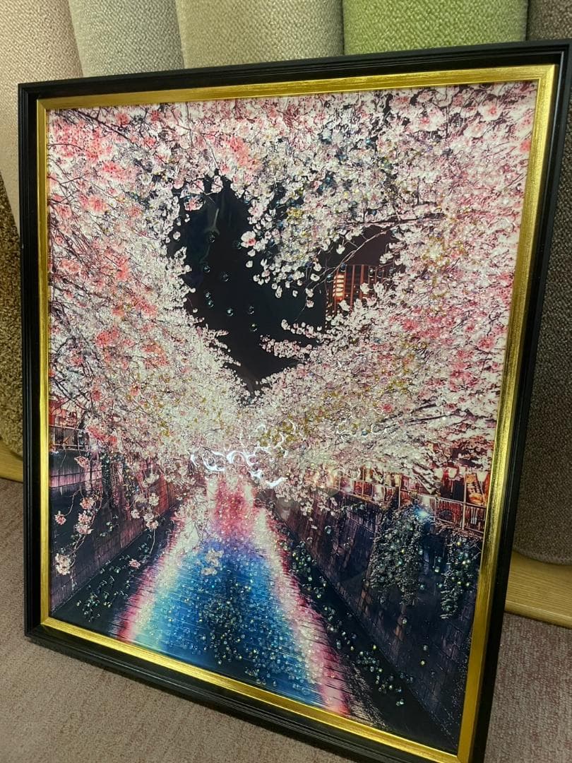 水晶絵　アートパネル　桜　夜桜　目黒川　ハート　さくら　夜景　絵画　絵　壁掛け