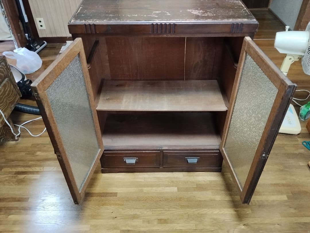 アンティーク レトロ 木製ガラス扉キャビネット 引き出し付き 本棚 食器棚