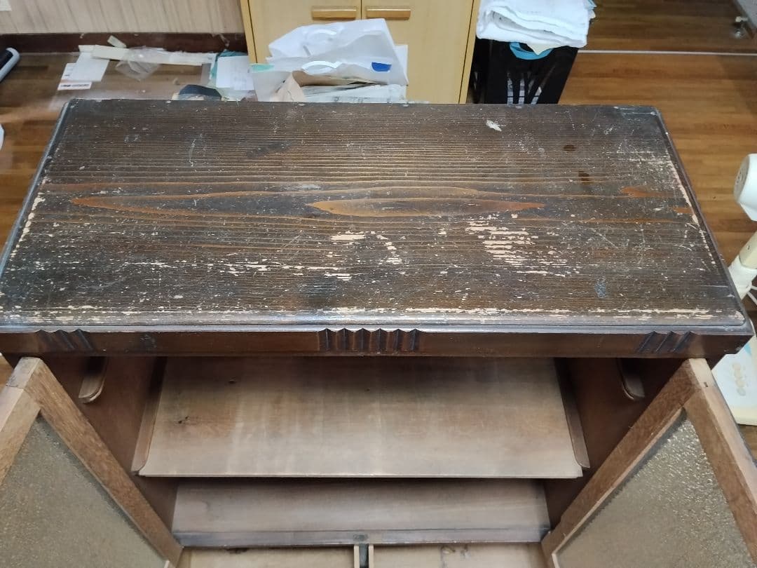 アンティーク レトロ 木製ガラス扉キャビネット 引き出し付き 本棚 食器棚