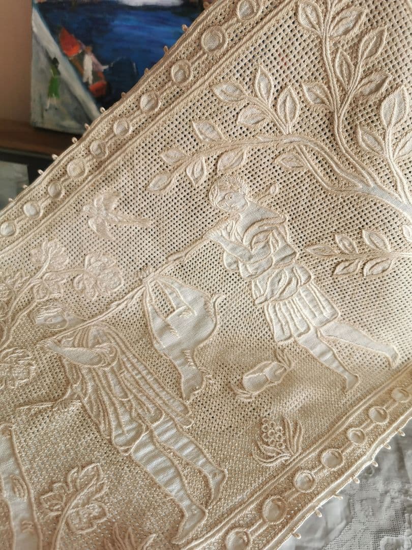 アンティーク ブラットレース アルテミスとアポロン 鹿狩りの森リネンランナー