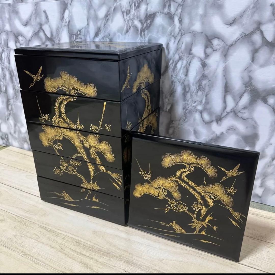 美術品アンティークコレクション 工芸品 輪島塗重箱五段重 重箱 沈金蒔絵 木箱入