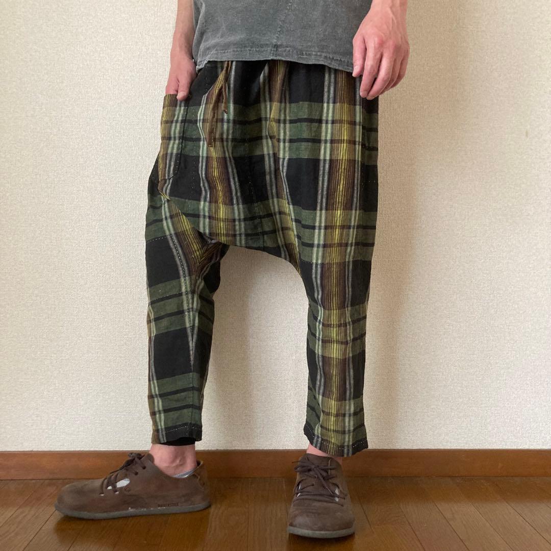 昭和レトロ 古布 布団皮 格子柄 ピエロもんぺ サルエル モンキーパンツ