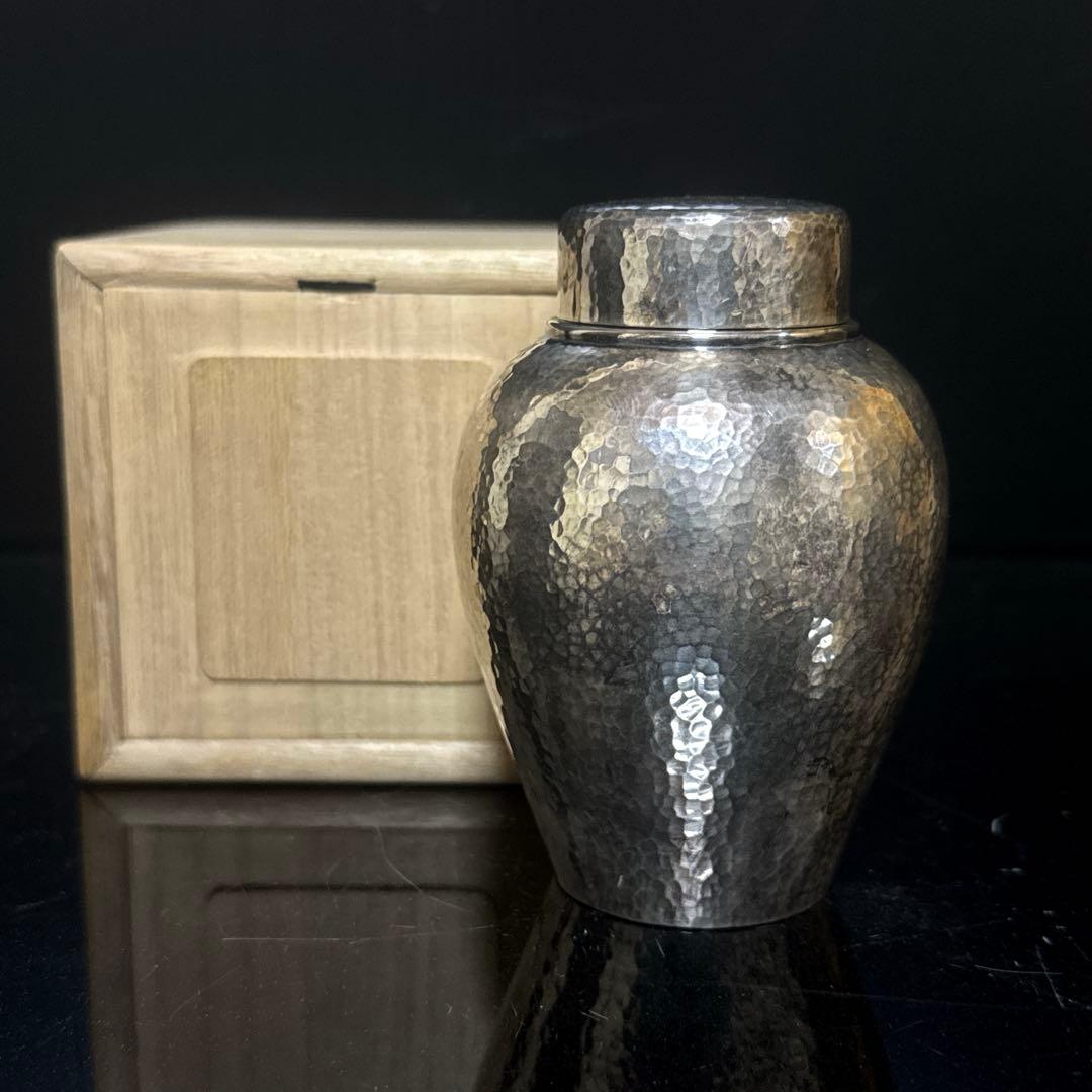 極上 純銀 槌目 二重口蓋 棗型 茶入 茶壷 茶道具 桐箱付