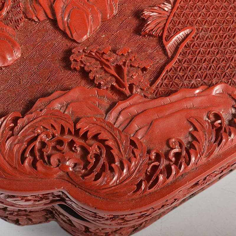 りか　中国　堆朱風　山水人物文　四方箱　蓋物　V　6477