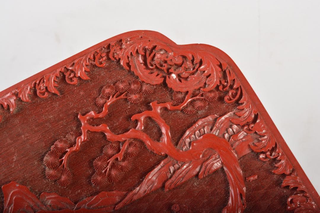 りか　中国　堆朱風　山水人物文　四方箱　蓋物　V　6477