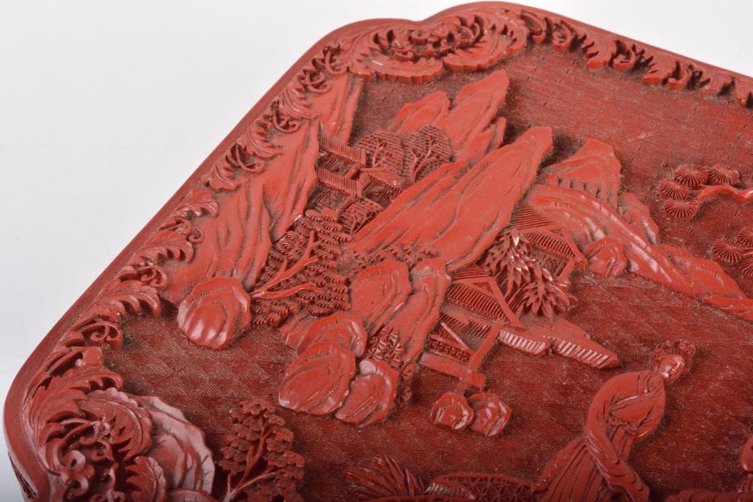 りか　中国　堆朱風　山水人物文　四方箱　蓋物　V　6477