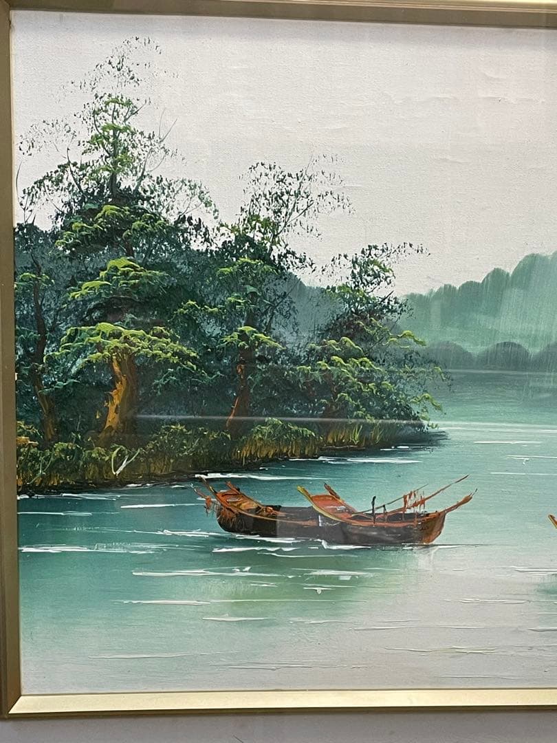 油彩画 風景（川とボート） 金色フレーム QW4371