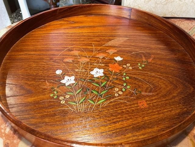 高級木製漆器トレイ 花模様