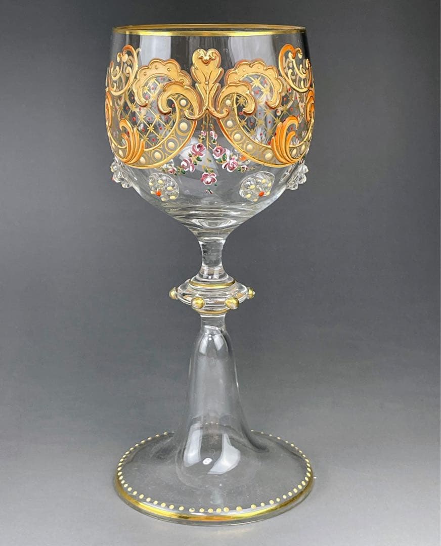 【希少】モーゼル エナメル盛 金彩 ワイングラス 金盛り エナメル彩 フランス
