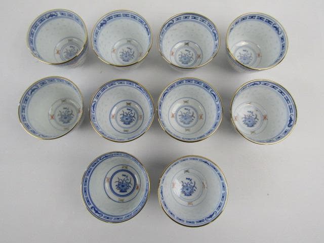 Y5-1210-② ◇景徳鎮製 ホタル手 蛍茶碗 金彩色絵青華文 10客◇