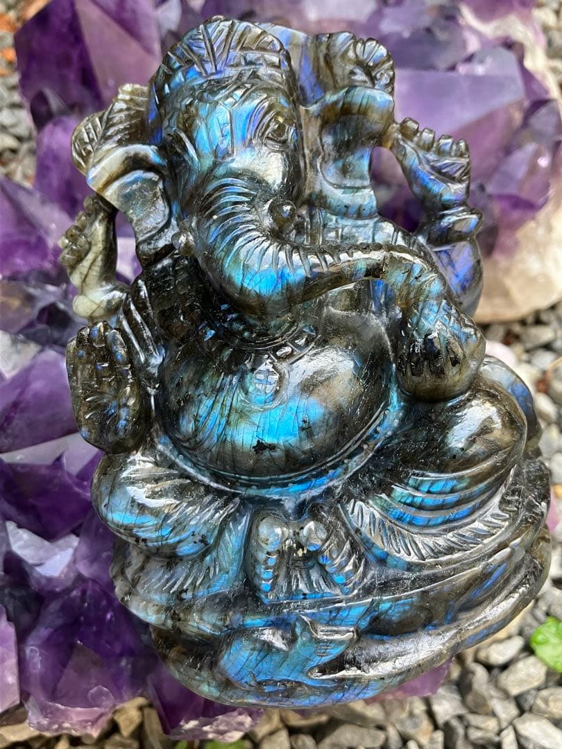 開運　仕事運　ラブラドライト　ガネーシャ様　置物　1,694g マダガスカル産