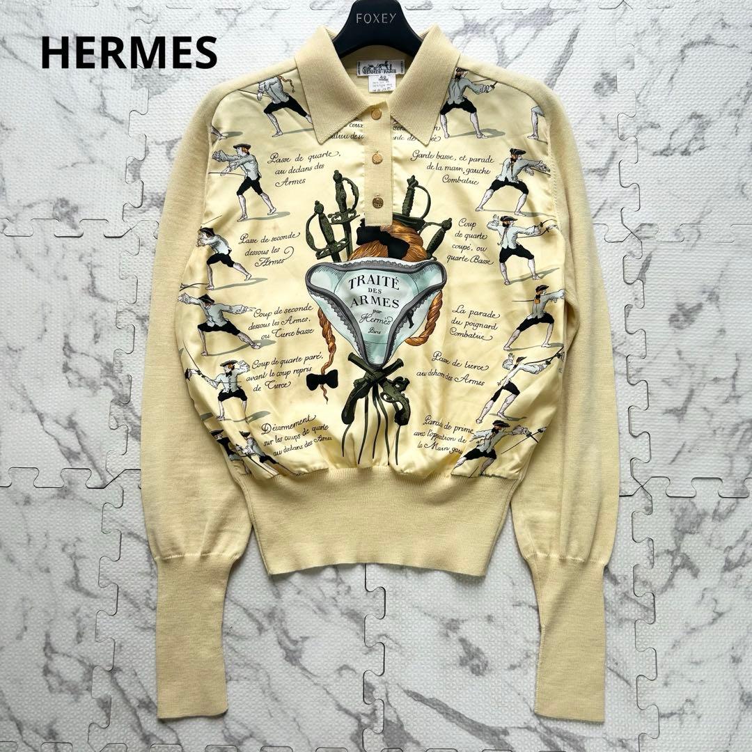 エルメス シルク 長袖シャツ ニット ポロ セリエボタン 40 ヴィンテージ