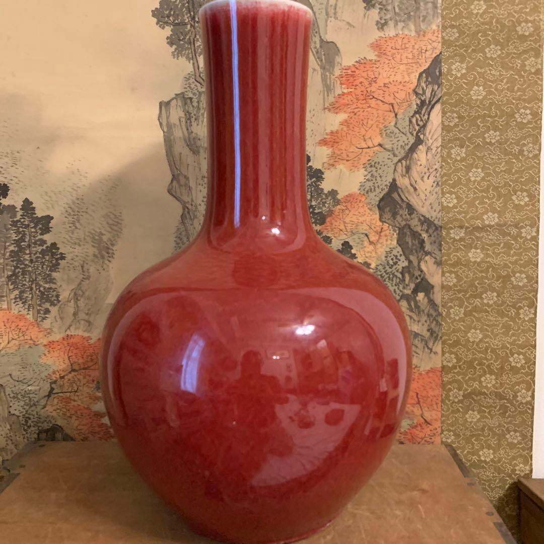 中国美術　アンティーク　祭紅釉    花瓶　　301