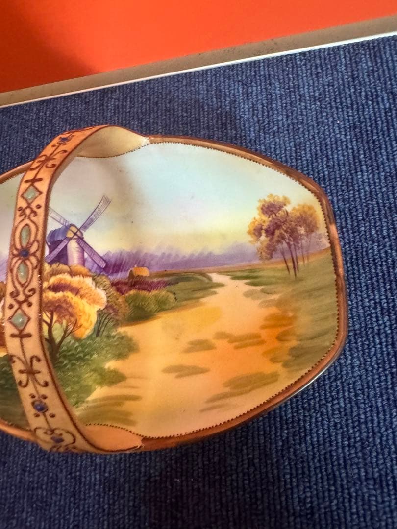 1846 【明治アンティーク】オールドノリタケ 風車図　手提皿　時代物