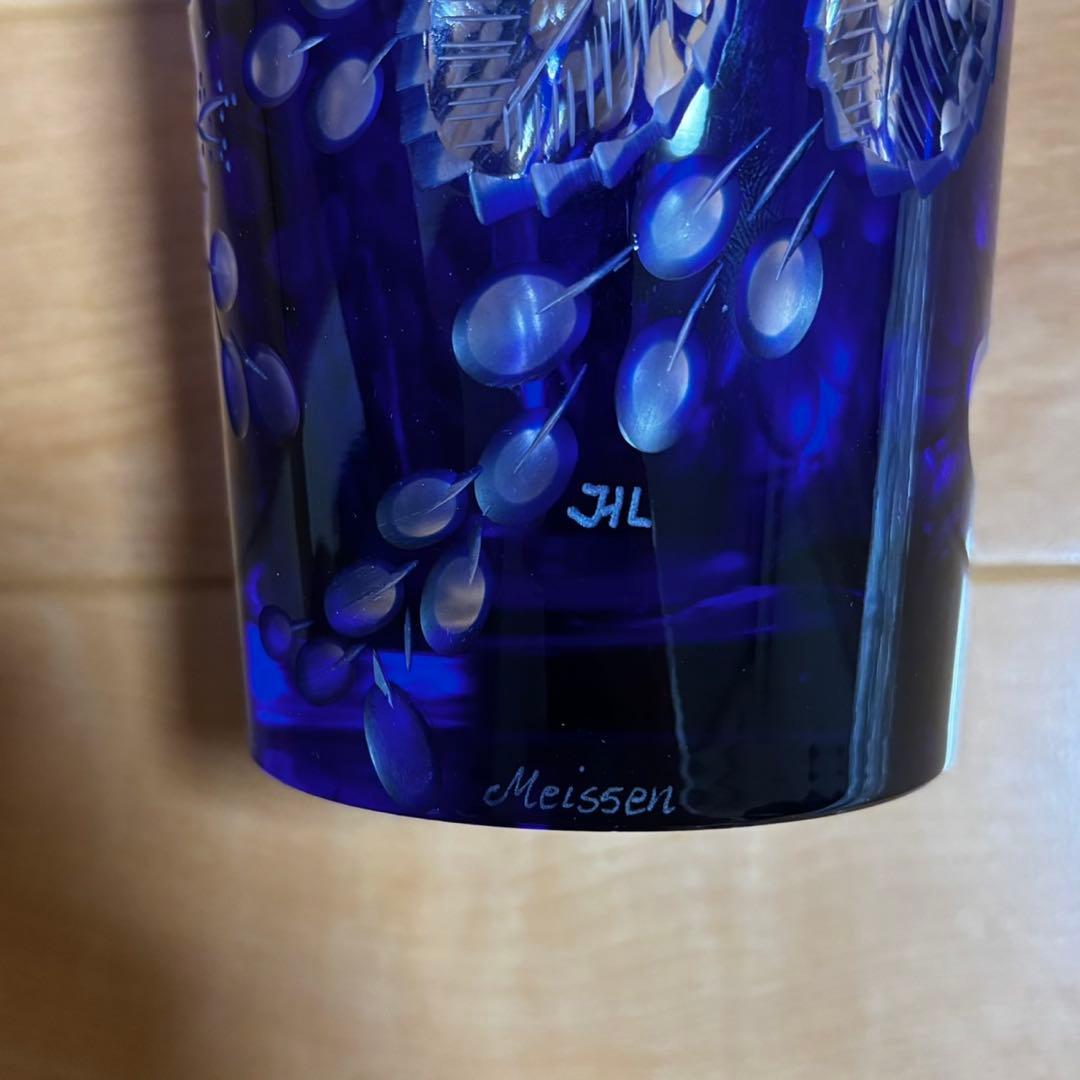 未使用 マイセン クリスタル 花 蝶 青被せ 大型 花瓶 フラワー 37cm