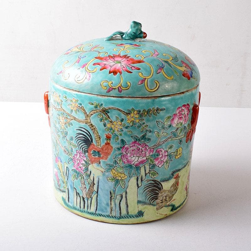 中国　粉彩　花鳥文　蓋付壺　時代箱　V　7753C