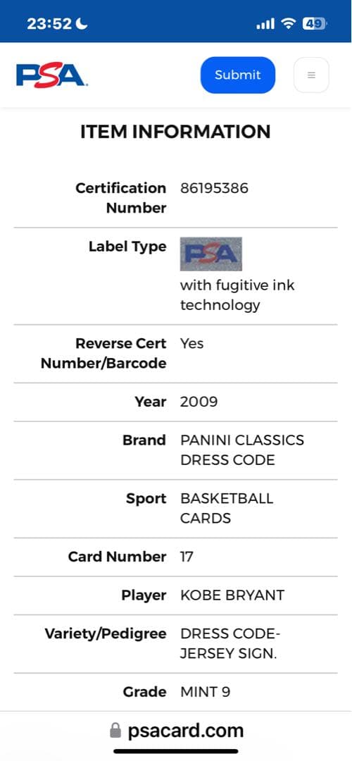 NBA Kobe Bryant コービー panini 直筆サインカード