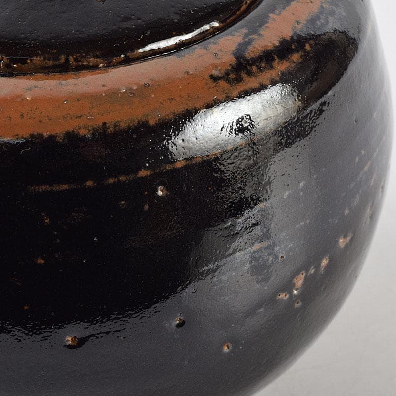 人間国宝　濱田庄司作　黒釉　双耳香炉　蓋付香炉　共箱　M　R9216