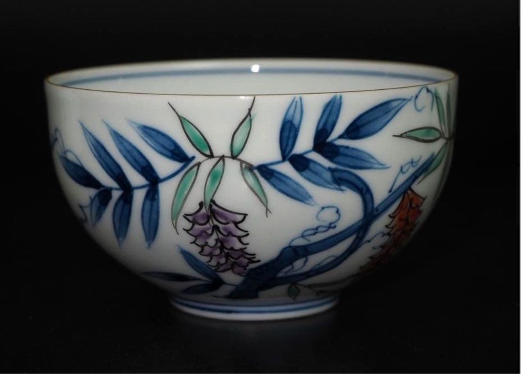 送料無料　有田焼　華山萬右衛門　豆彩　総手描き茶碗5客　未使用　共箱